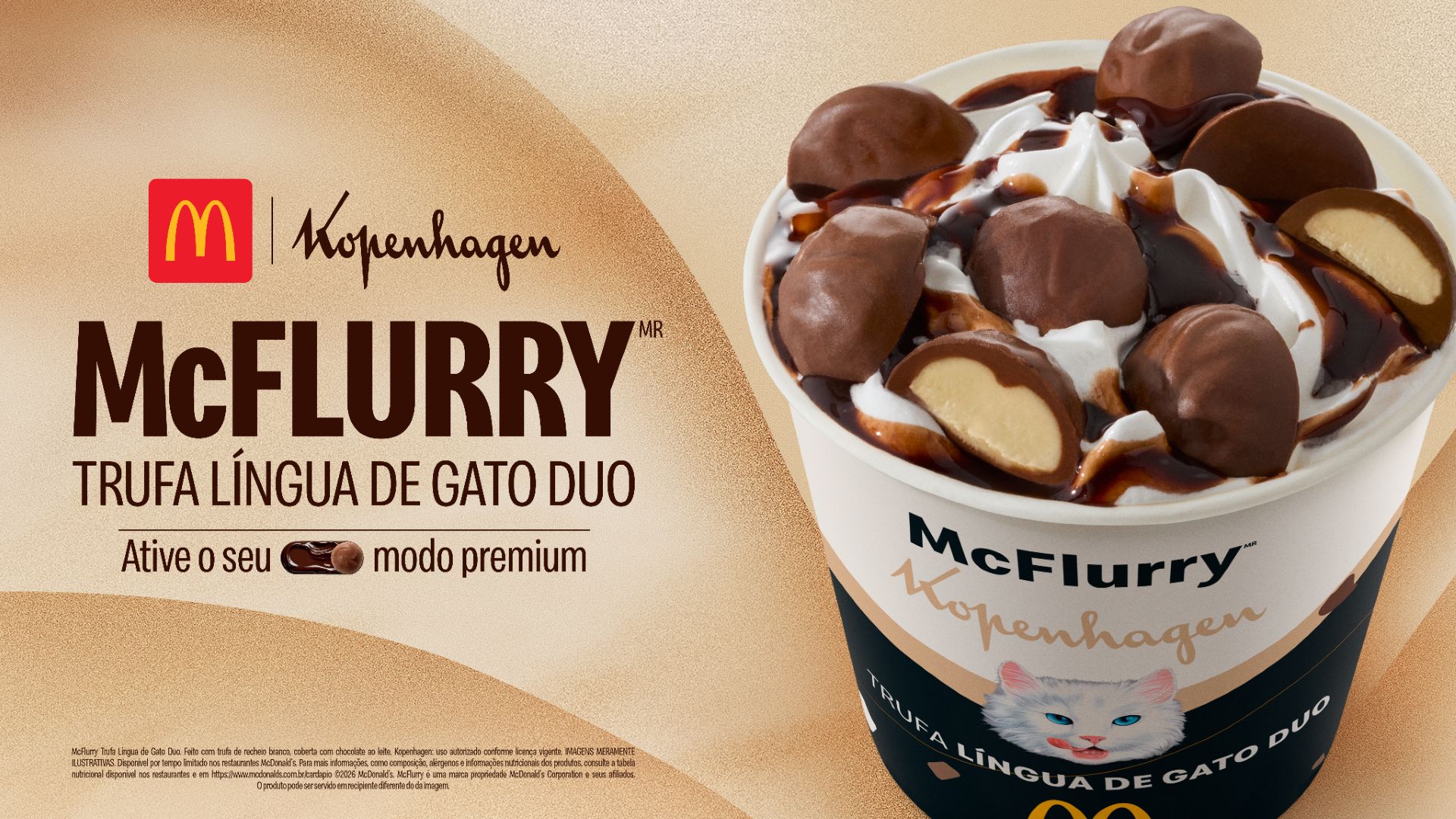 Ative seu modo premium com o novo McFlurry Trufa Língua de Gato Duo do Méqui em parceria com a Kopenhagen